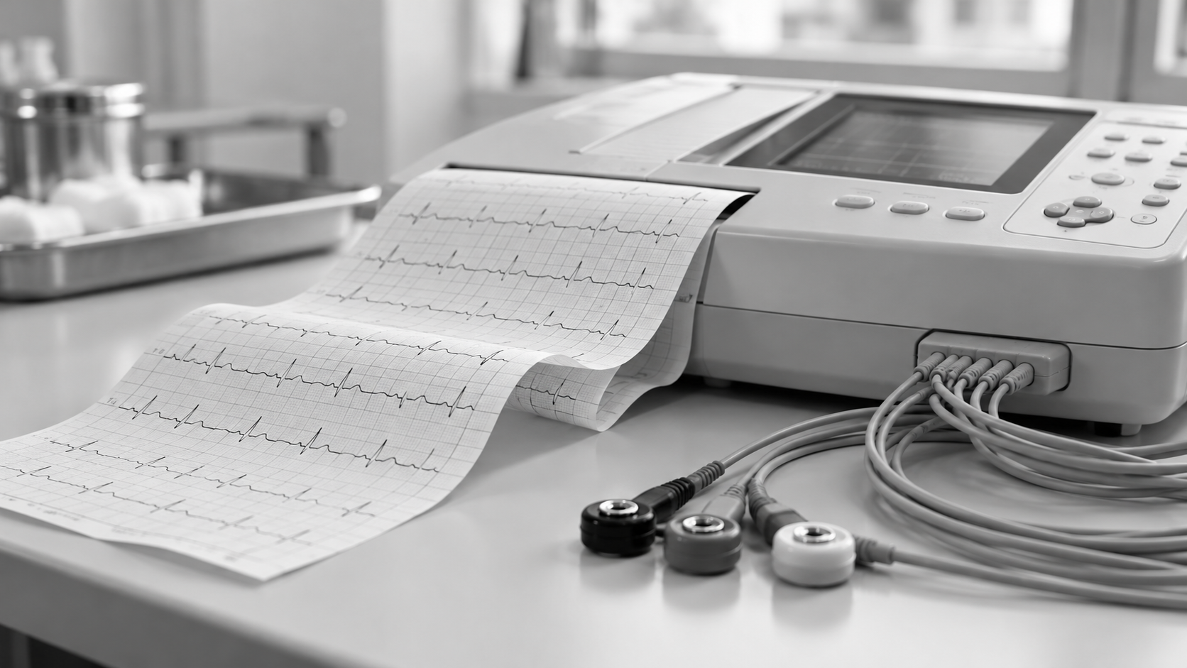EKG cihazı ve ritim kaydı — temsili görsel